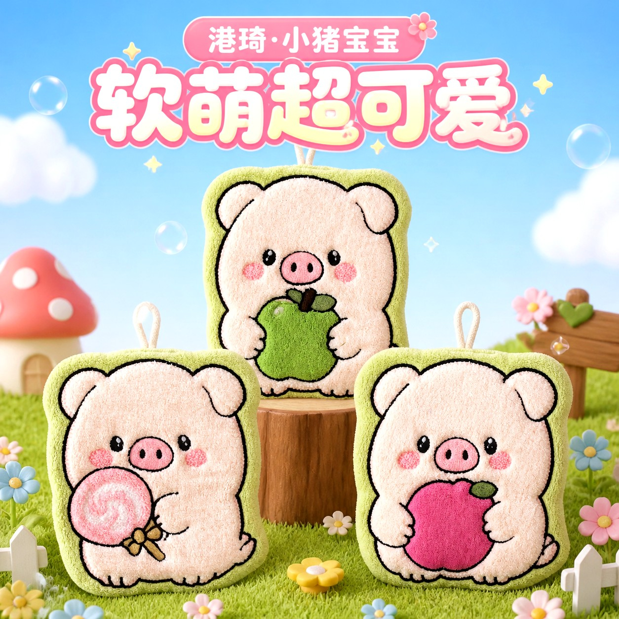 港琦【小猪宝宝】珊瑚绒刺绣挂式擦手巾