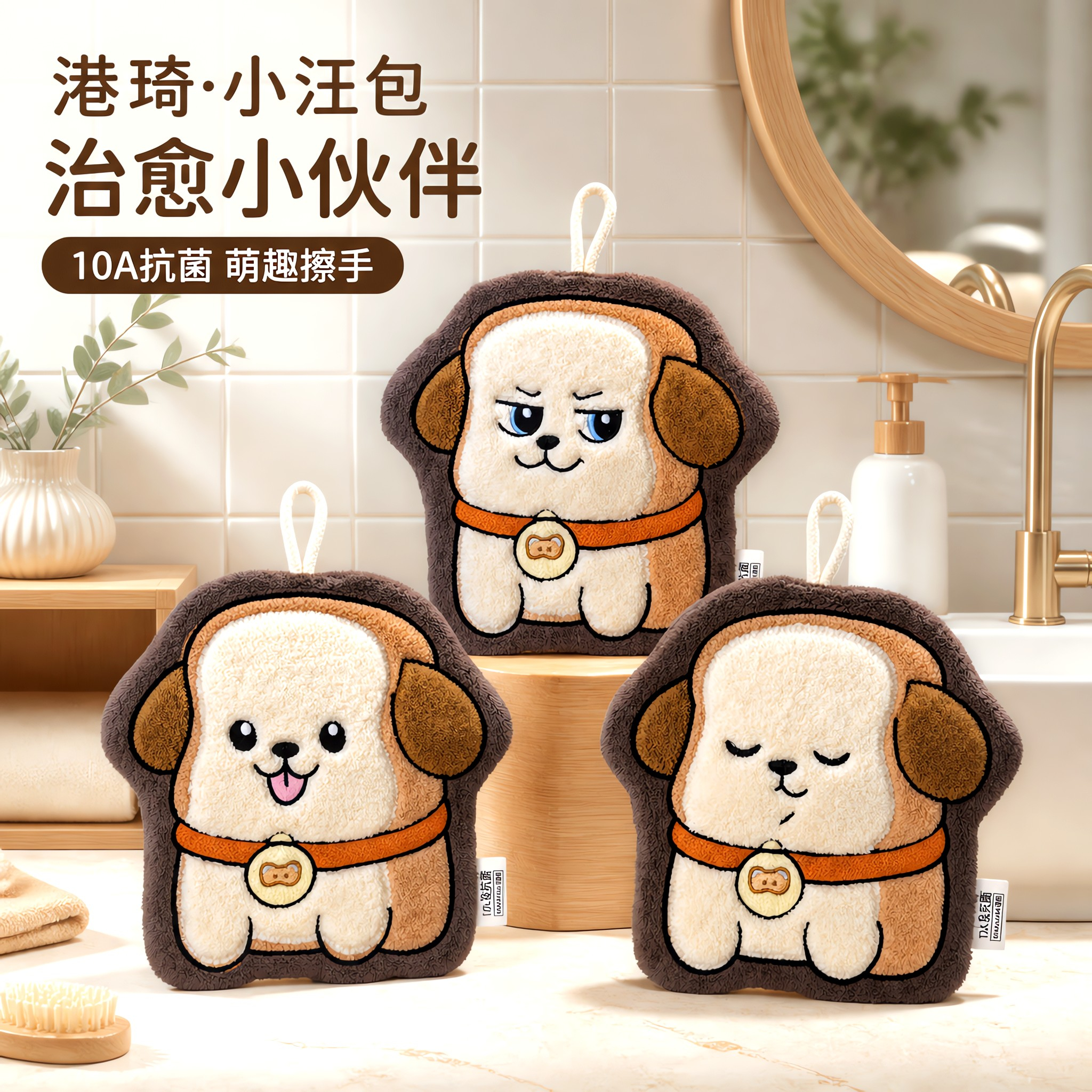 港琦【面包狗】珊瑚绒刺绣挂式擦手巾