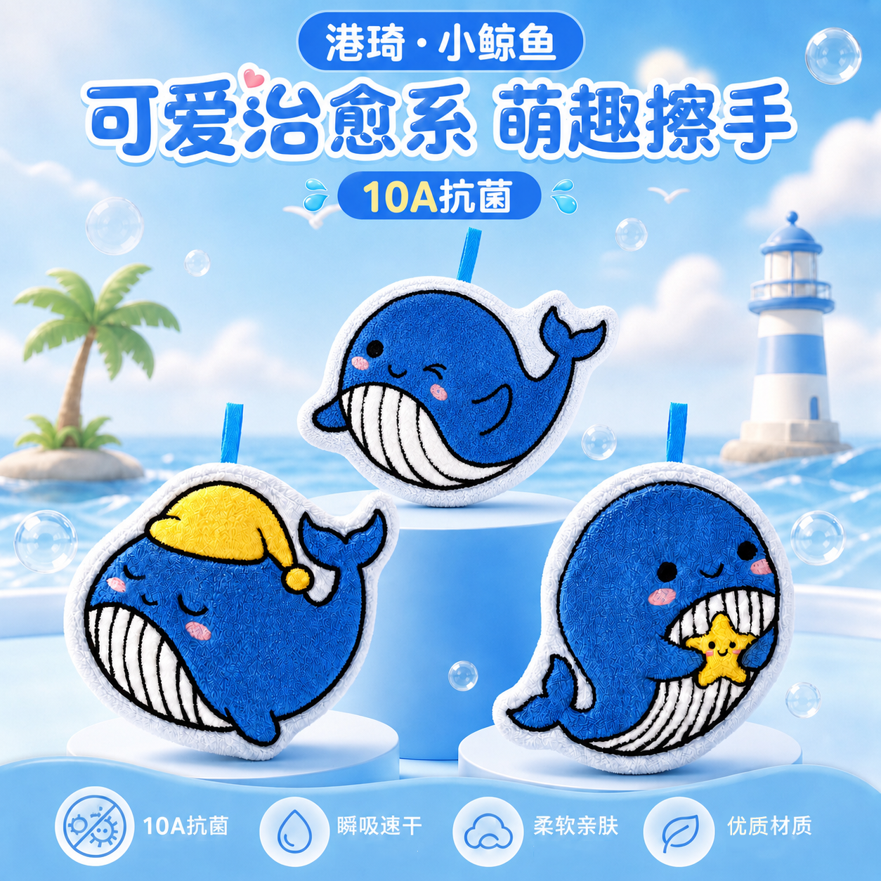 港琦【小鲸鱼】珊瑚绒刺绣挂式擦手巾