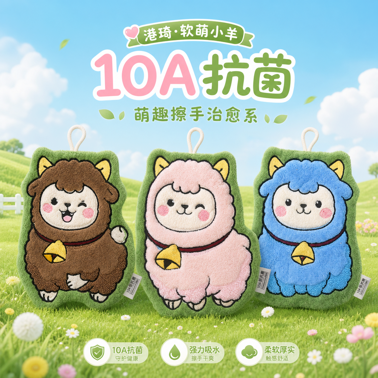 港琦【小羊】珊瑚绒刺绣挂式擦手巾